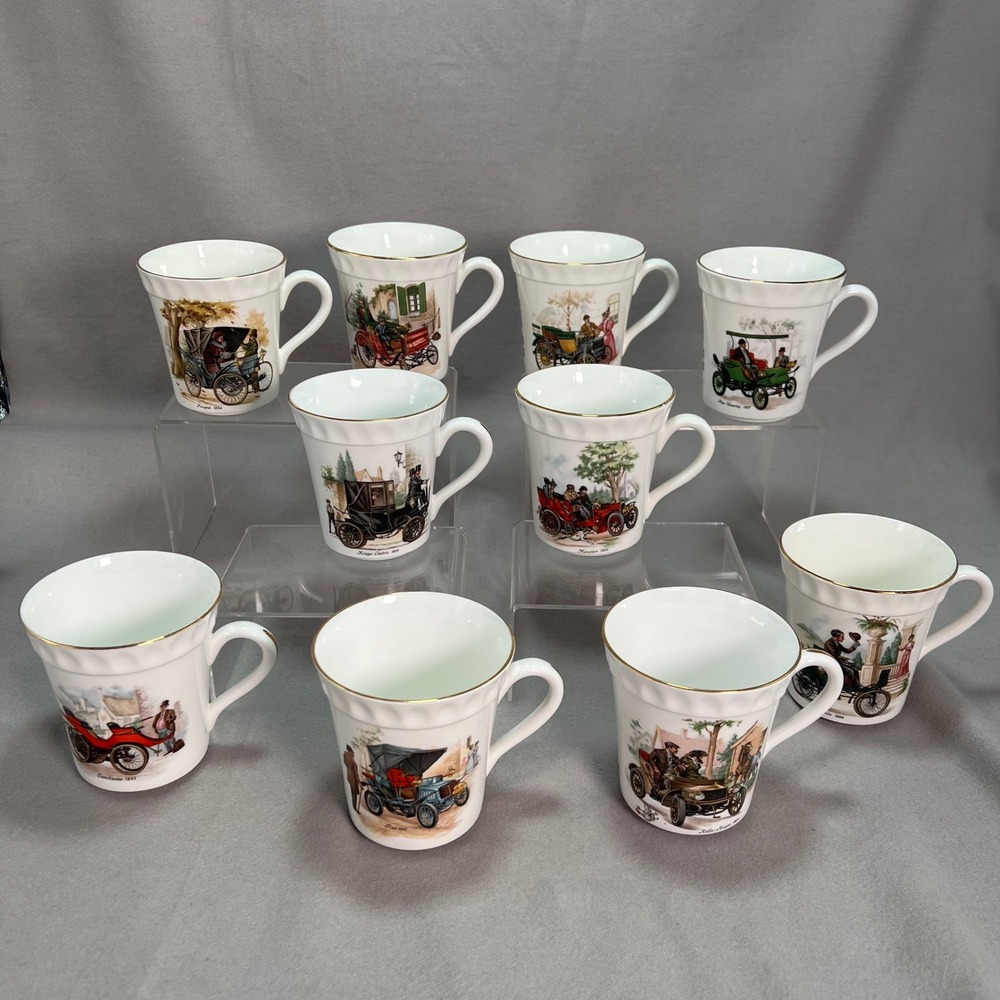 Crown Staffordshire Coffee Tea Mugs Antique Cars Gold‎ Trim Vintage Set Of 10